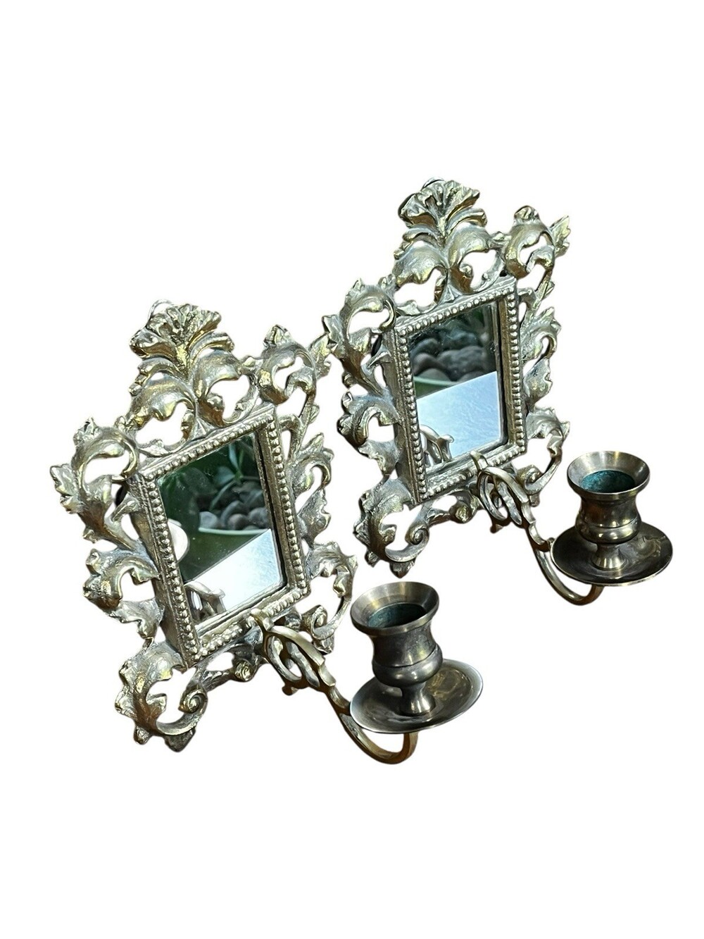 VTG Brass Set Pair Heavy Ornate Victorian 7.5” Wall Candle Holder Sconce Mirrors